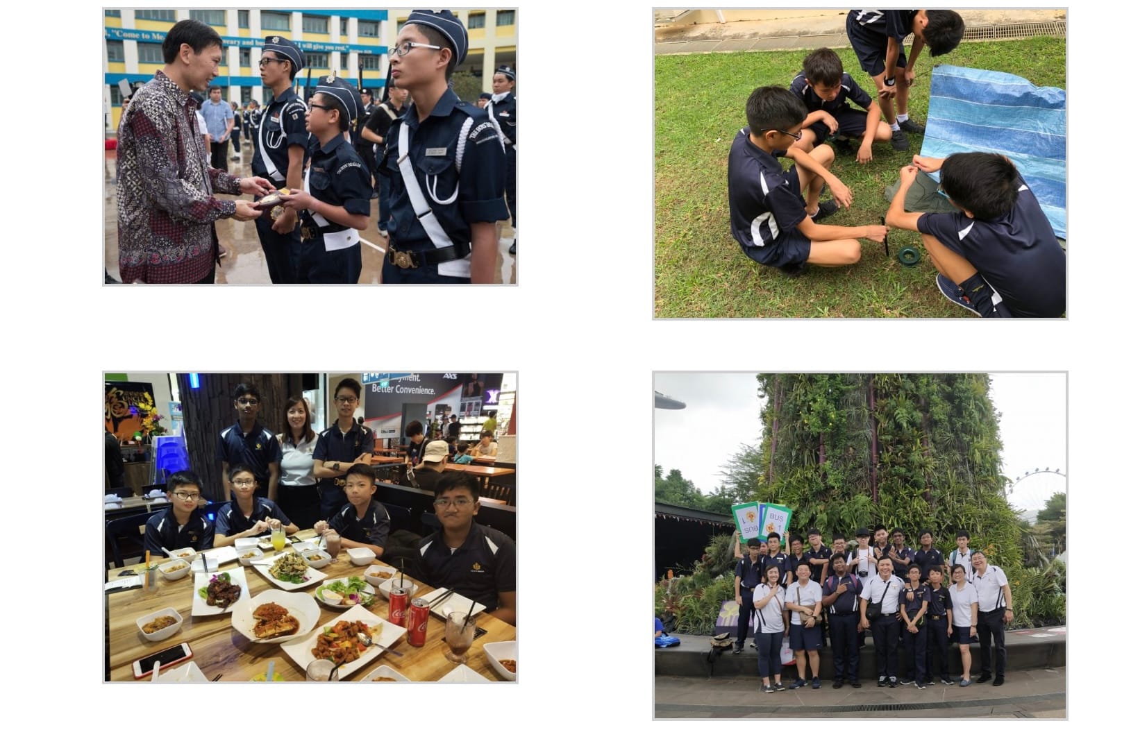 Four photos of school students in uniform doing various activities including a parade, outdoor task, dining, and group photo.